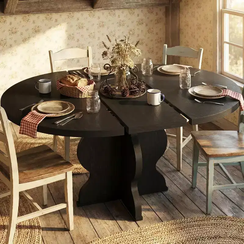 63 Extendable Round Dining Table for 4-8, Farmhouse Oval Kitchen Table with Sturdy Metal Frame & Wider Legs for Apartments