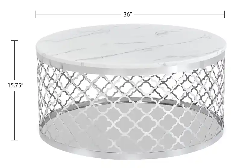 36 Glam Round Sofa Table - White Marble Top with Stainless Steel Base