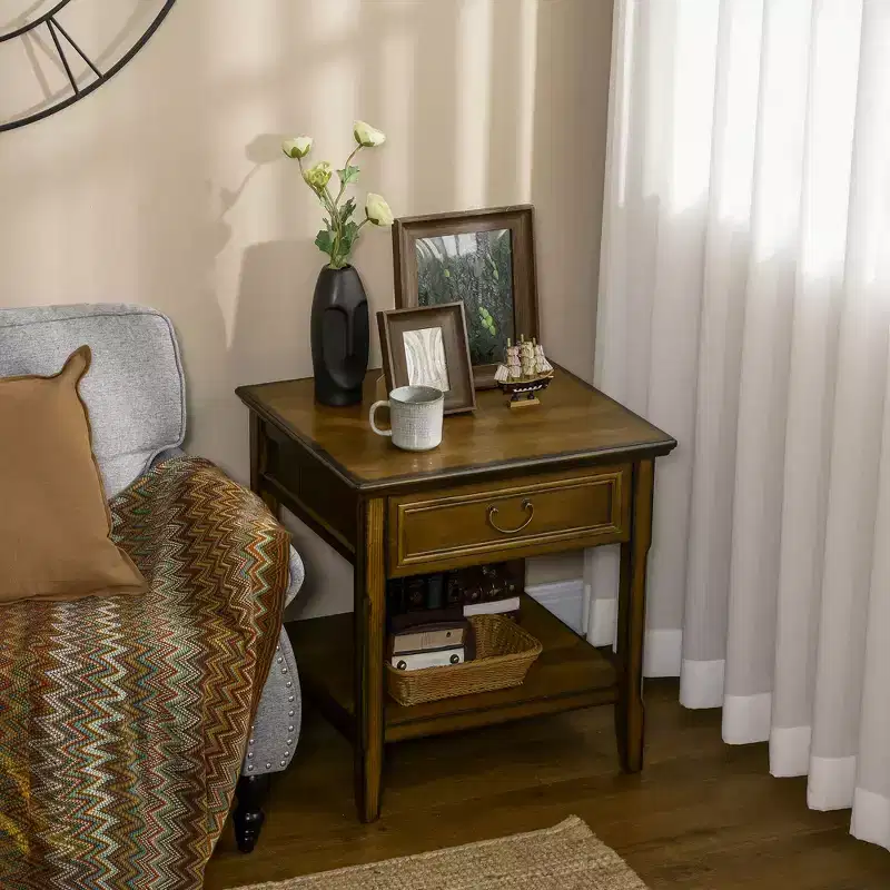 HOMCOM Vintage Farmhouse Side Table for Living Room Storage End Table with Antique Handle Drawer & Shelf, Wooden Side Table, Dark Coffee