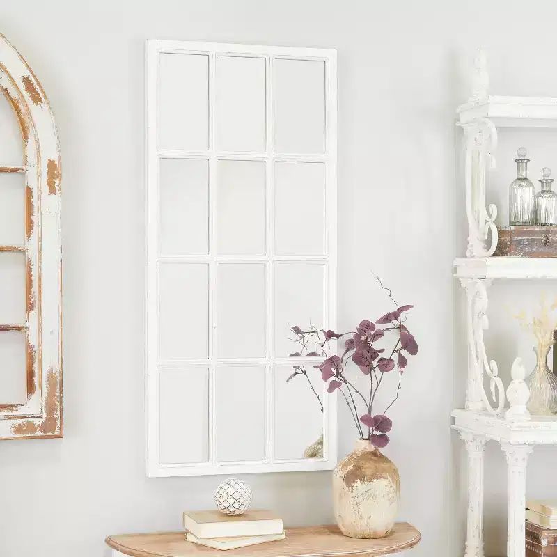 48x22 Inch Farmhouse Wood Window Pane Inspired Wall Mirror in White for Entryway