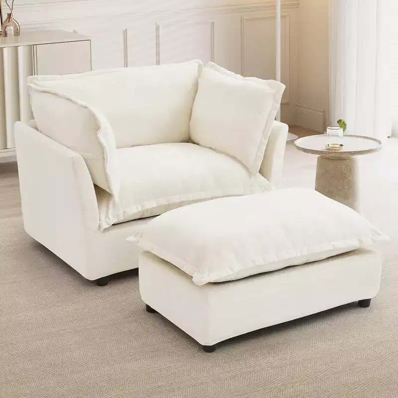 Chenille Armchair with Movable Ottoman, Wide Seat & Curved Armrests