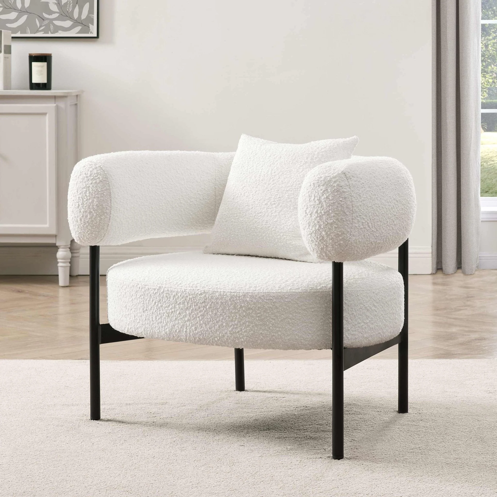 Modern Off-White Boucle Accent Chair with Curved Back for Living Room