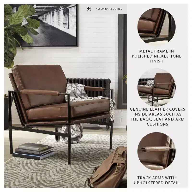 Signature Design by Ashley Puckman Accent Chair, Brown Genuine Leather, Bronze-Tone Metal Frame, Modern Industrial