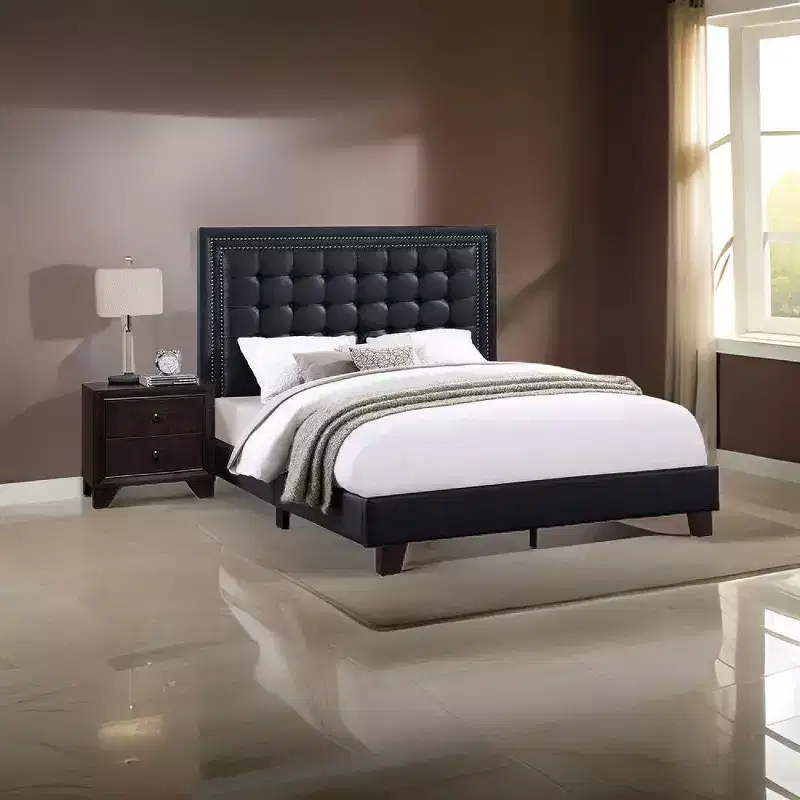 Royal Hampton Modern Platform Queen Bed, Deep Tufted Upholstery, Black Faux Leather