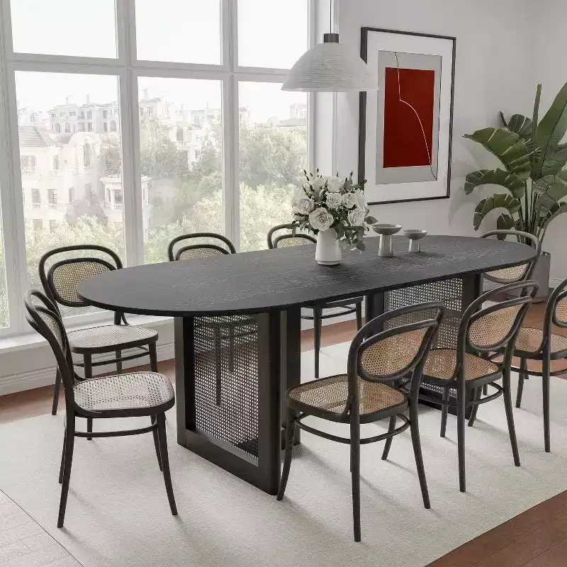 79 x 33.5 Farmhouse Kitchen Dining Room Table Home Furniture Oval Black Kitchen Table with Rattan Woven Legs for Kitchen Bar Living Room