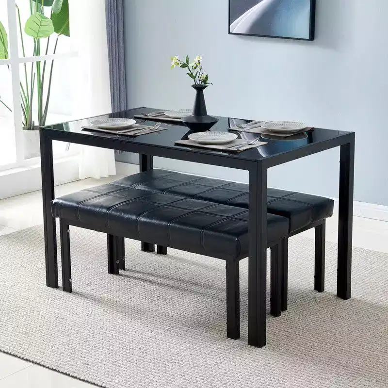 Rectangular Glass Top Dining Table with Metal Frame, Seats 4