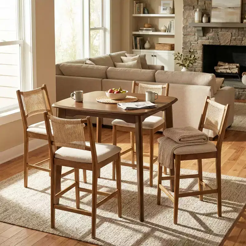 Christopher Knight Home La Modern 5 Piece Rubber Wood Upholstered Counter Set with Square Table and Rope Design