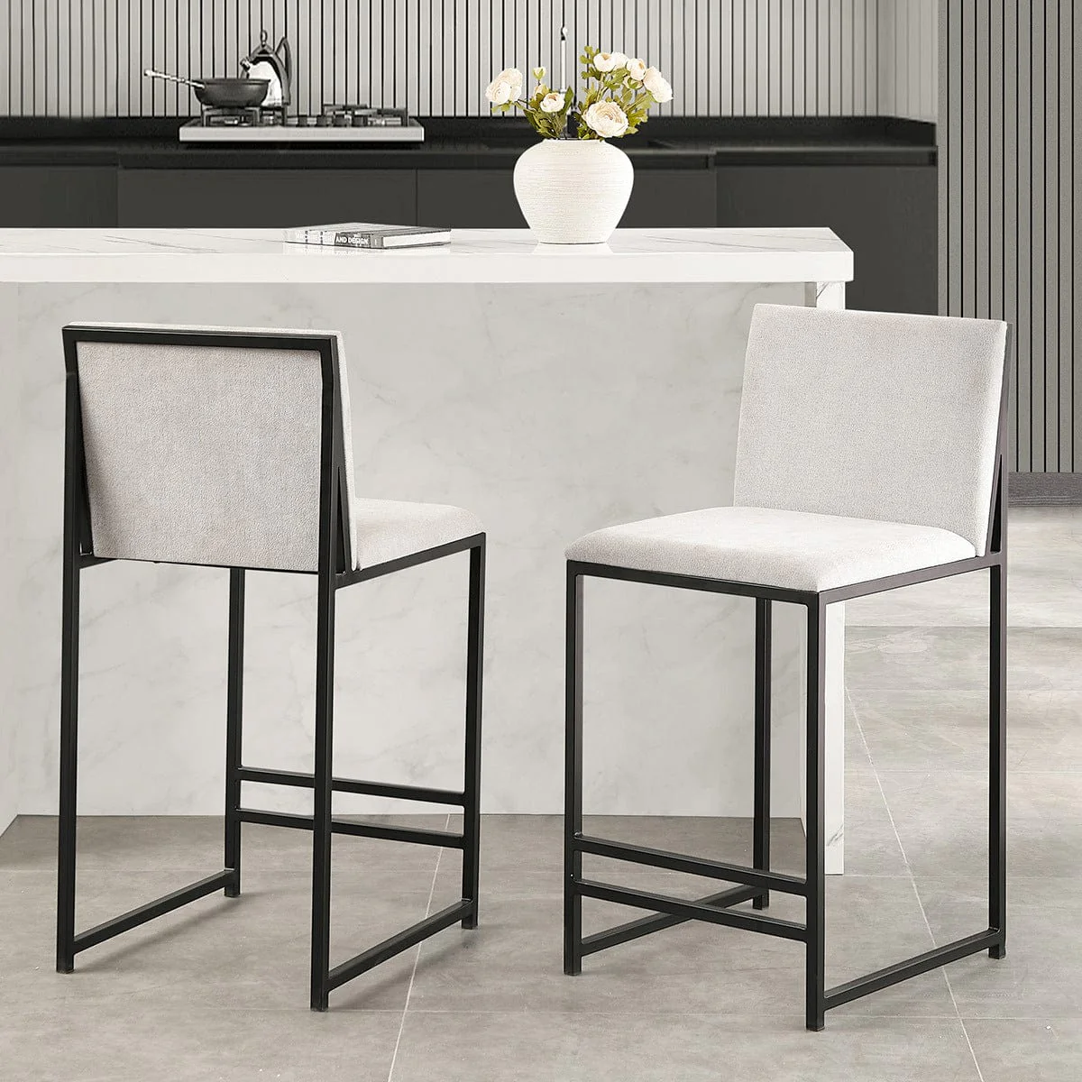 Contemporary Light Natural Chenille Barstool with Black Metal Frame for Kitchen