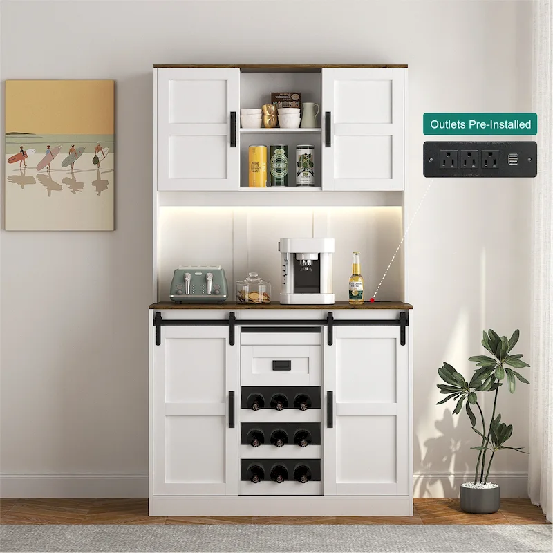 Farmhouse Bar Cabinet with Sliding Barn Door, Large Kitchen Buffet Rustic Coffee Bar Sideboard Table,White