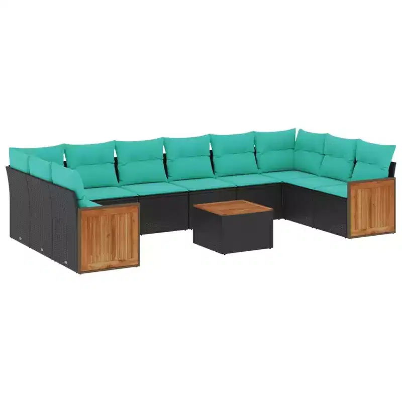 vidaXL Patio Sofa Set Black and Blue PE Rattan, Powder-Coated Steel Large