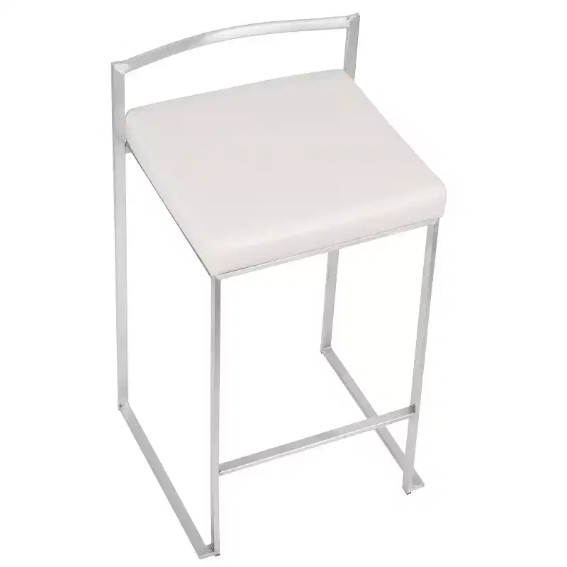LumiSource Set of 3 Fuji Stacker Counter Height Barstools Stainless Steel/White PU