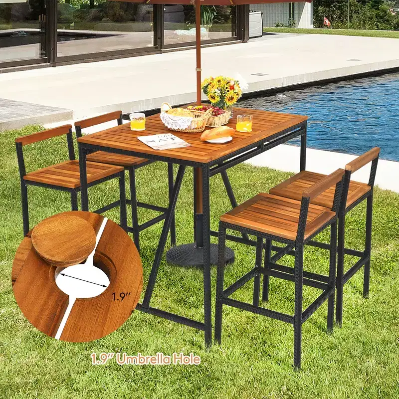 Costway 5PCS Patio Rattan Bar Table Stool Set Acacia Wood Top W/Umbrella Hole