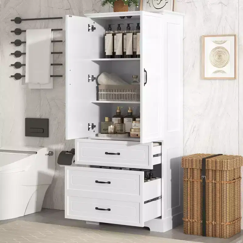 Clara Modern Tall Bathroom Storage Cabinet – Double Doors, Adjustable Shelf & 2 Drawers