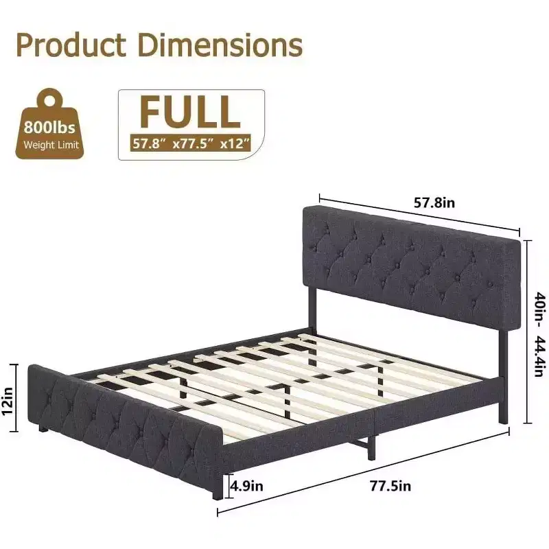 Full Size Upholstered Bed Frame with USB & Type-C Charging Headboard, Diamond Button Tufted, Noise-Free, Grey, No Box Spring Needed