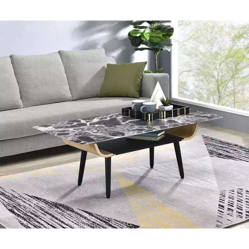 HOMLUX Modern Rectangular Sofa Coffee Table Faux Marble Top Accent Cocktail Table W/Open Storage Compartment
