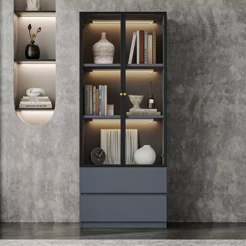 ATJafurn 23.6 Lighted Glass Display Cabinet, Modern Dining Storage China Hutch with 2 Drawers and 3 Shelves for Kitchen Dining Room and Living Room