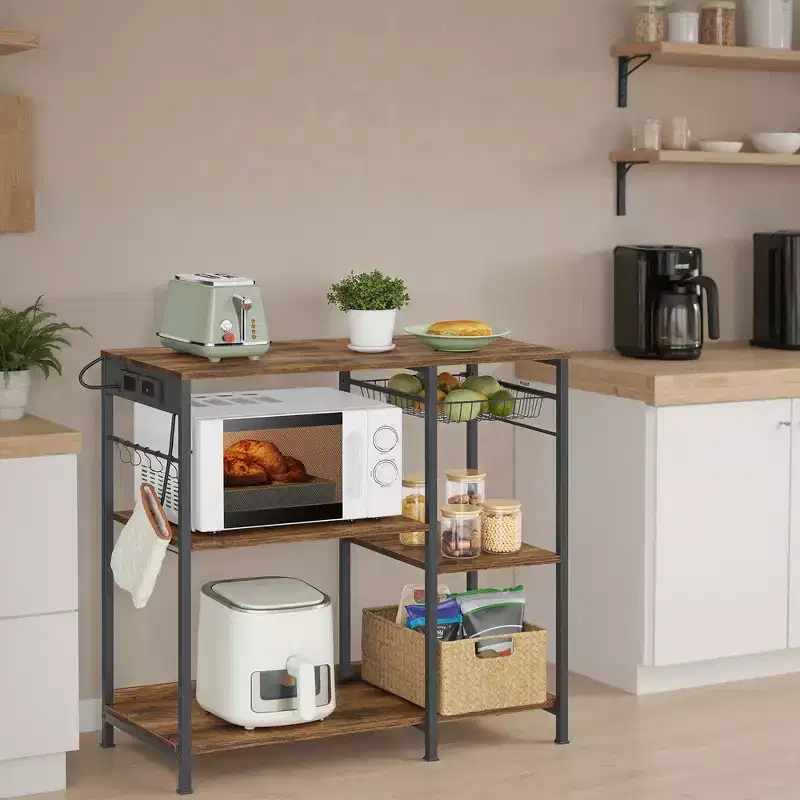 Baker's Rack Coffee Bar Stand with Charging Station, Pull-Out Wire Basket & Adjustable Shelves, 400 lbs