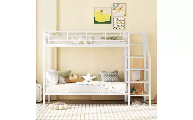 Twin-Over-Twin Metal Bunk Bed featuring Side Storage Steps and Integrated Wardrobe