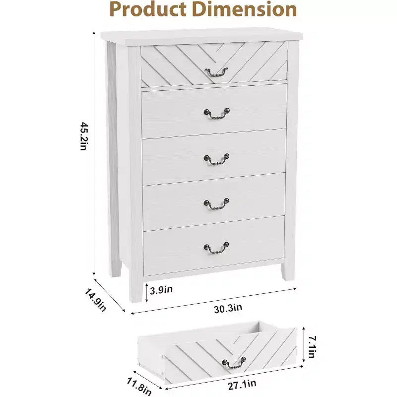 Farmhouse 5-Drawer Dresser, 45 Tall Vertical Storage Chest with Geometric Drawer Fronts for Bedroom, Closet, Entryway