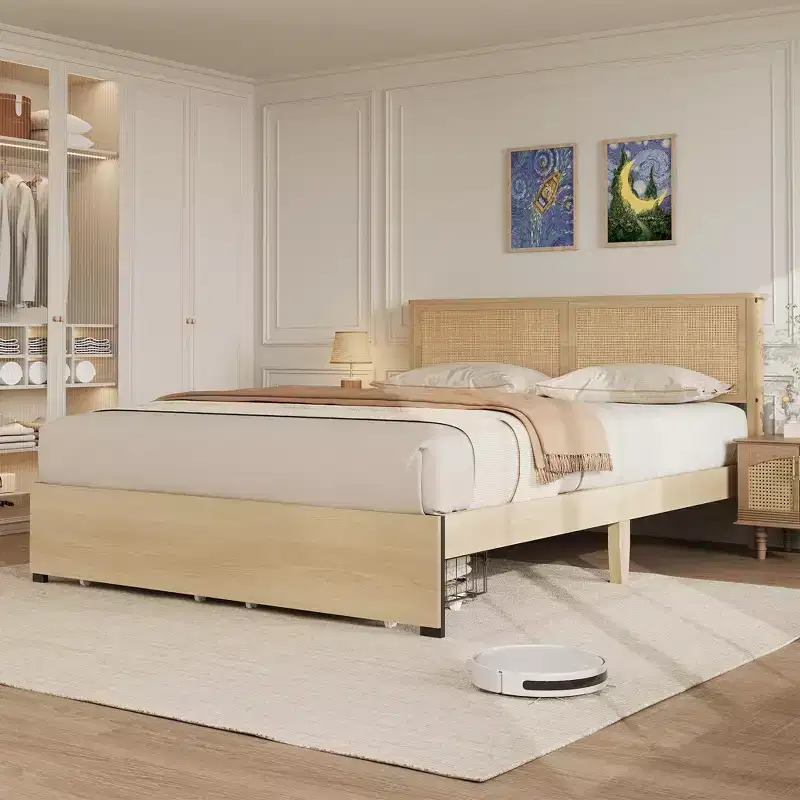 Natural Rattan Queen Platform Bed Frame with Storage Drawers, Wood Slats | 1-Person
