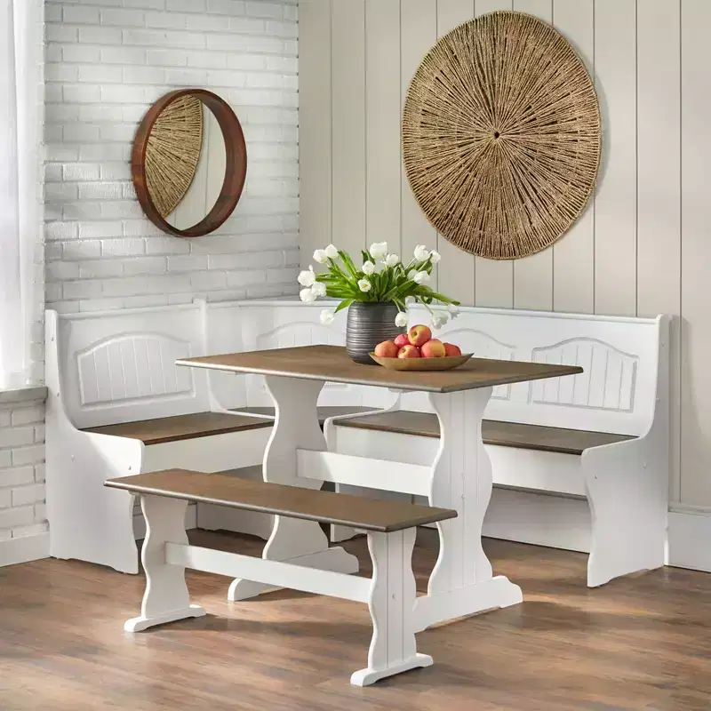 Buylateral 3pc Washington Farmhouse Solid Wood Breakfast Nook Dining Set White/Dark Walnut: L-Shaped, Solid Pine, Storage Bench