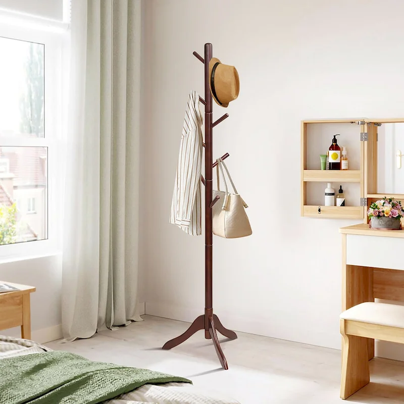 Wooden Coat Rack Stand Hall Tree 2 Adjustable Height w/ 8 Hooks