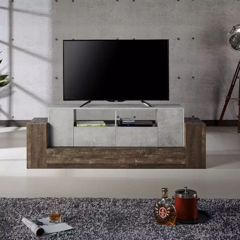 Lums TV Stand for TVs up to 80 Cement/Reclaimed Oak - miBasics: Industrial Media Console with Storage