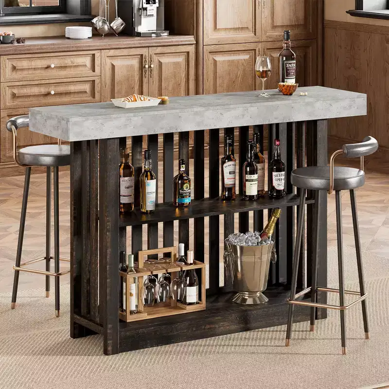 COZONY 63 Counter Height Pub Table, 2-Tier Storage Shelves, Modern Industrial Gray & Walnut