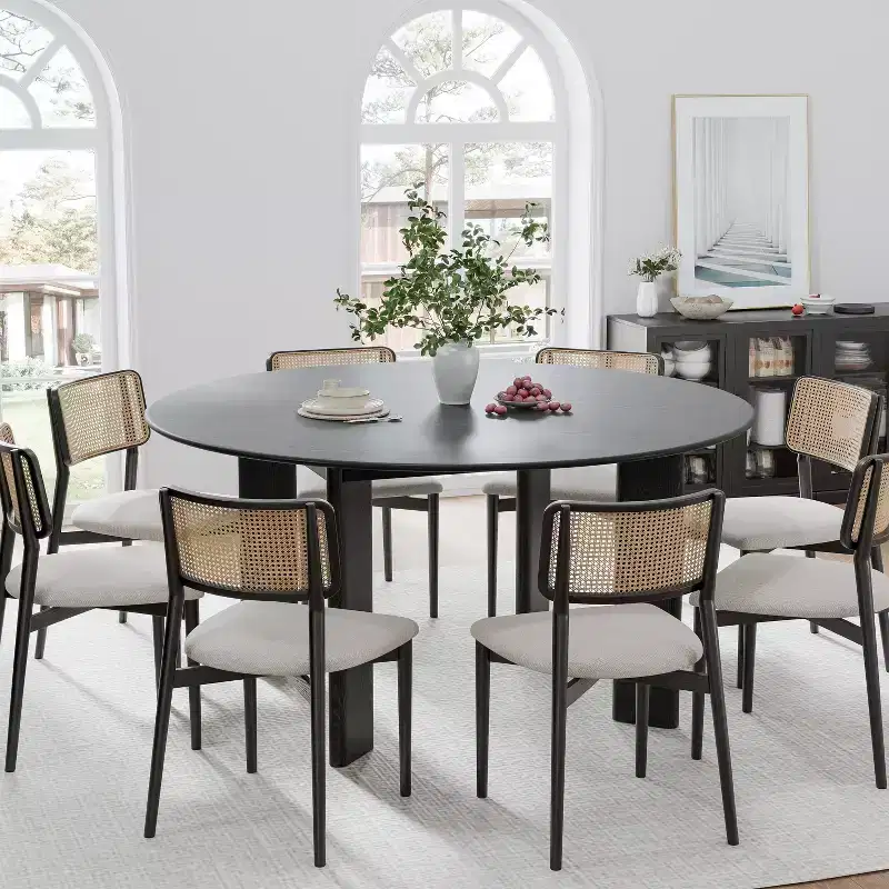PexFix 59 Modern Round Dining Table for 6-8 with Dense Wood Tabletop & Stable Base Wooden Dining Table for Kitchen Dining Room Black