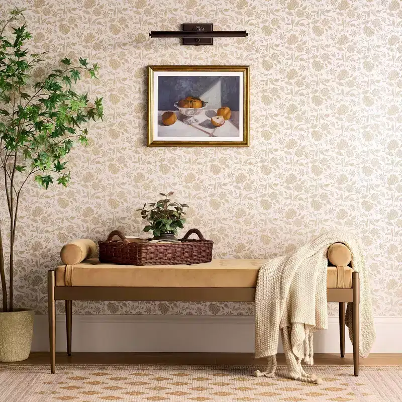 Bolster Tufted Bench, Beige Velvet, Powder-Coated Steel Legs, 225lb Capacity