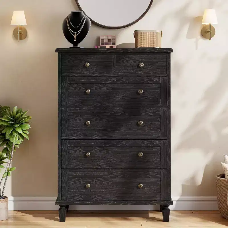 Wood 6-Drawer Dresser with Tapered Legs — Distressed Finish