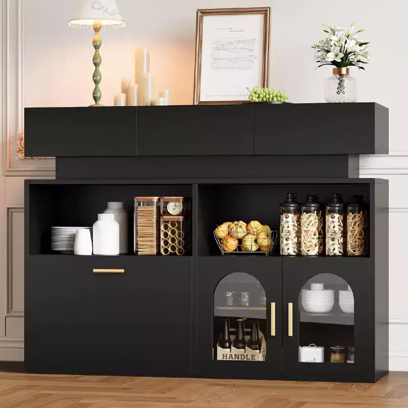Wood Coffee Bar Cabinet, Kitchen Storage with 3 Drawers & Adjustable Shelf, Sideboard Buffet Table for Dining Room