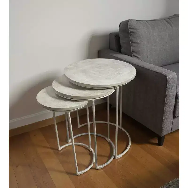 Set of Two White Solid Wood and Metal Round Frame Nested Tables