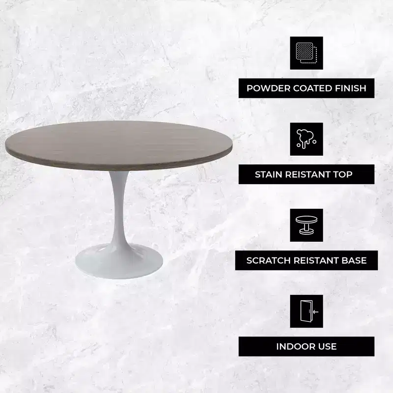 LeisureMod Verve Mid-Century Modern Table with a 48 Round MDF Tabletop and White Steel Pedestal Base for Kitchen and Dining Room in Dark Maple