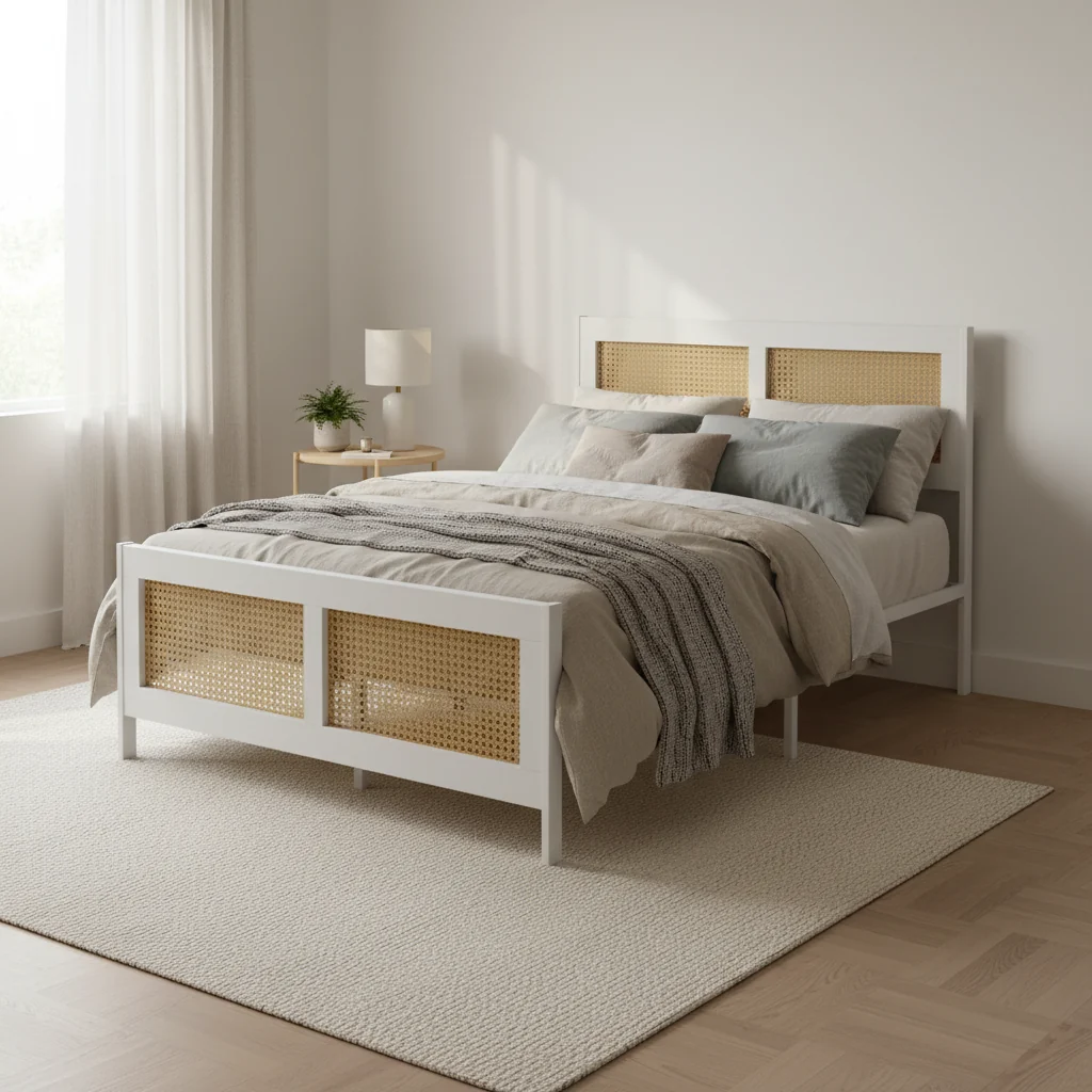 Rattan Bed Frame with Headboard, Boho Cane Platform Bed Frame with Strong Metal Slat, Noise Free, No Box Spring Needed