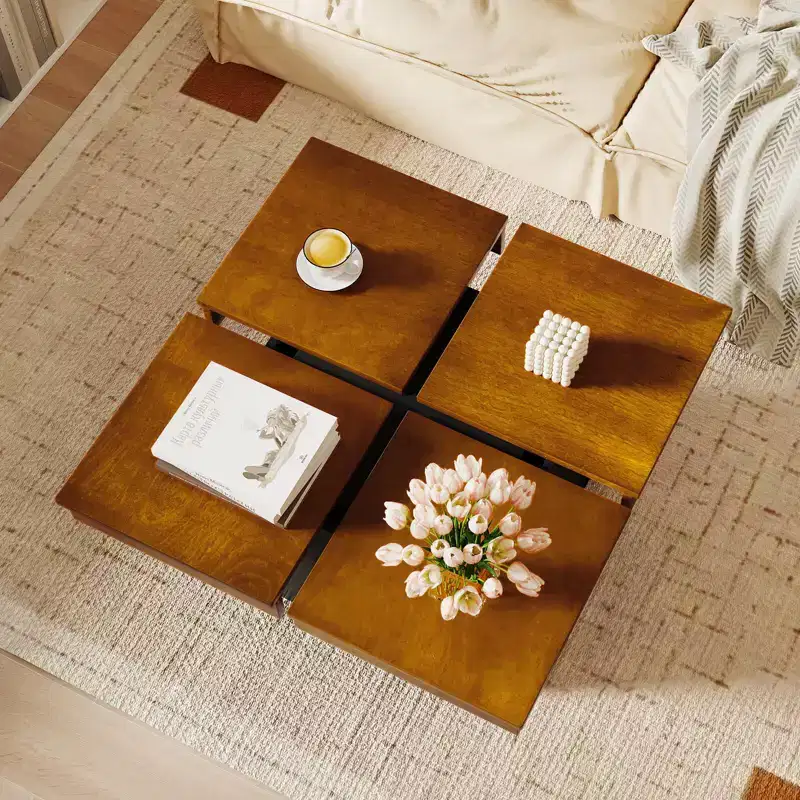 Costway Square Coffee Table with Solid Wood Veneered Split Top Recessed Base for Apartment
