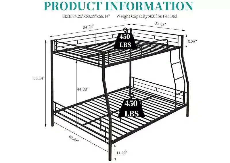 Bellemave Heavy Duty Metal Bunk Bed Full Over Queen Bunk Bed Frame for Adults, Noise Free Frames, No Boxing Spring Needed,Black