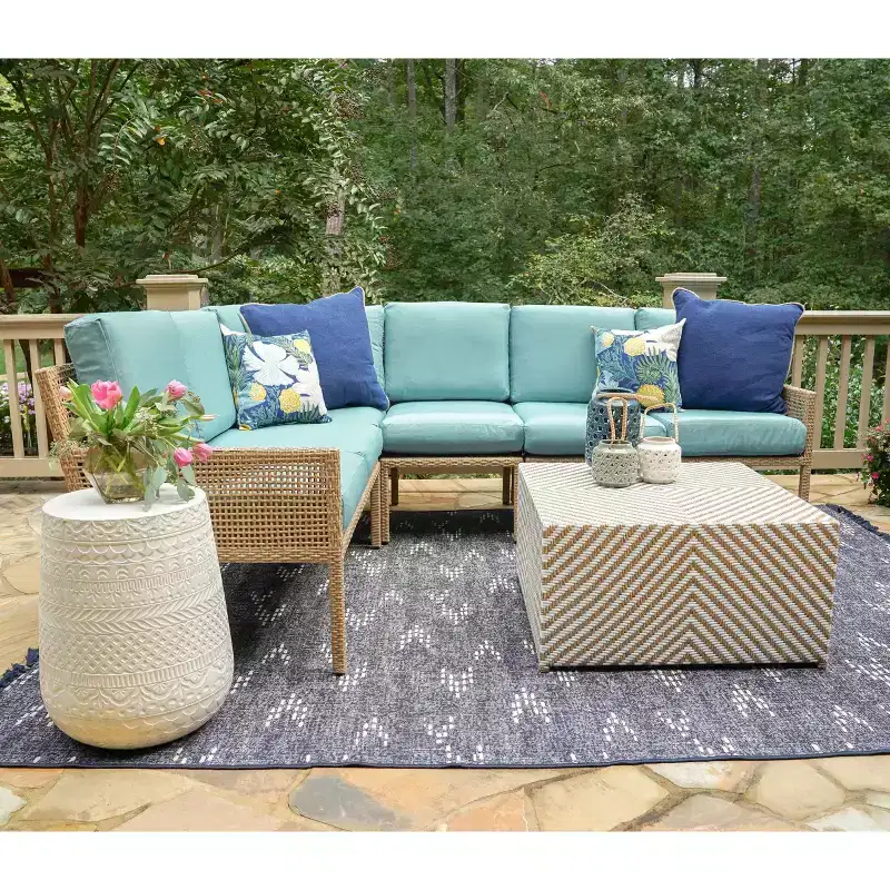 Leisure Made Riviera 5pc Wicker Sectional in Spa Blue Fabric