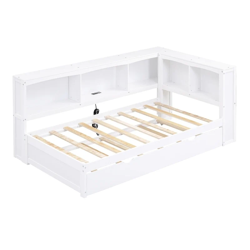 Twin Wooden Daybed with Trundle, Cabinets, and Charging Stations