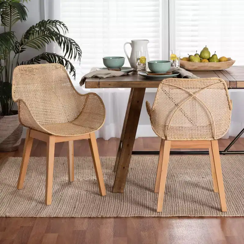 Japandi Mahogany Wood Rattan Dining Chair Set of 2 High Back Armrest Woven Seat 250 lbs