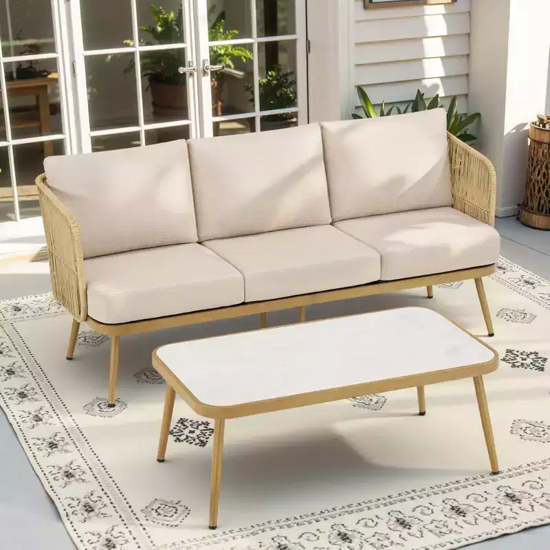 GDFStudio Ralph Outdoor Wicker and Steel Chat Set with 3-Seater Sofa and Coffee Table