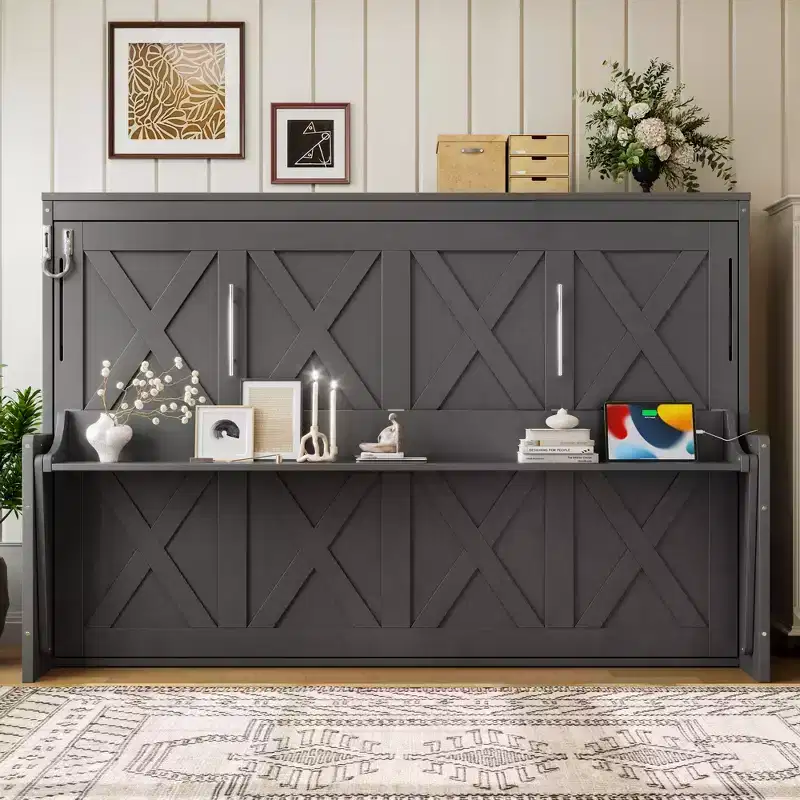 GDFStudio Dalton Wood Murphy Bed with Built-in Desk and USB Charging Station