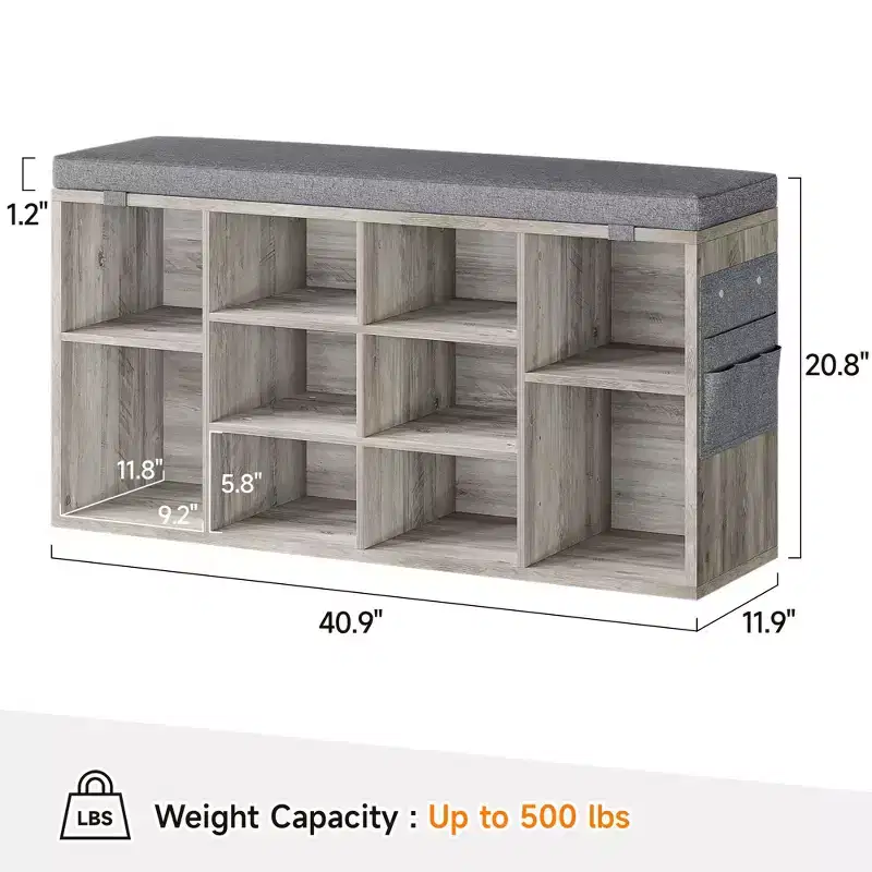 GustoWave 2-in-1 Entryway Shoe Bench with Storage & Cushioned Seat | Wooden Shoe Rack Organizer with Adjustable Shelves & Side Pockets, Gray