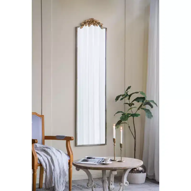 Okak Large Rectangular Full-Length Mirror with Gold Floral Crown Accent, Wall Mirror, Full Body Mirror for Dressing Room, Clothing Store, Gold