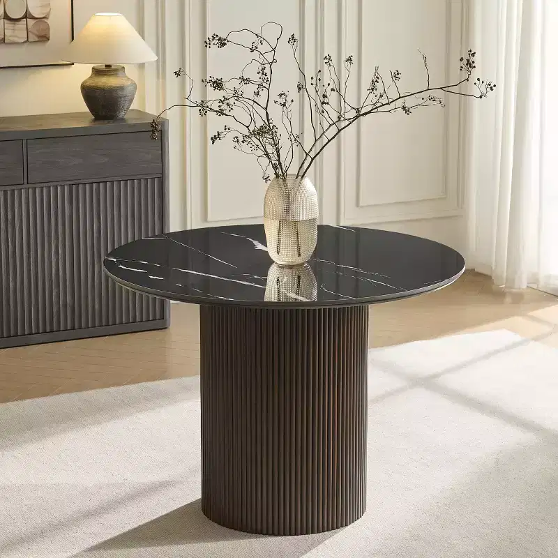 Faux Marble Dining Table - 42 Sintered Stone Top & Solid Wood Base, Modern Style Fluted Round Dining Table for Kitchen Room - Morden Fort