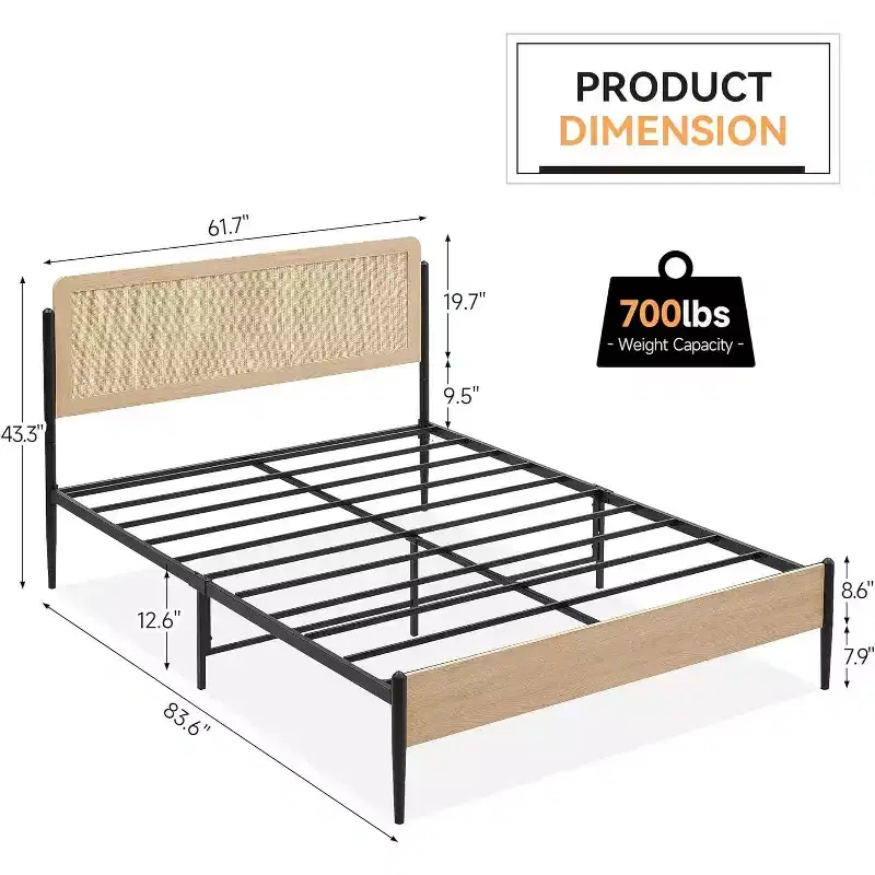 Queen Rattan Headboard Bed Frame, Rounded Corners, Noise-Free, Strong Metal Slats Support, Mattress Foundation, No Box Spring, White Oak