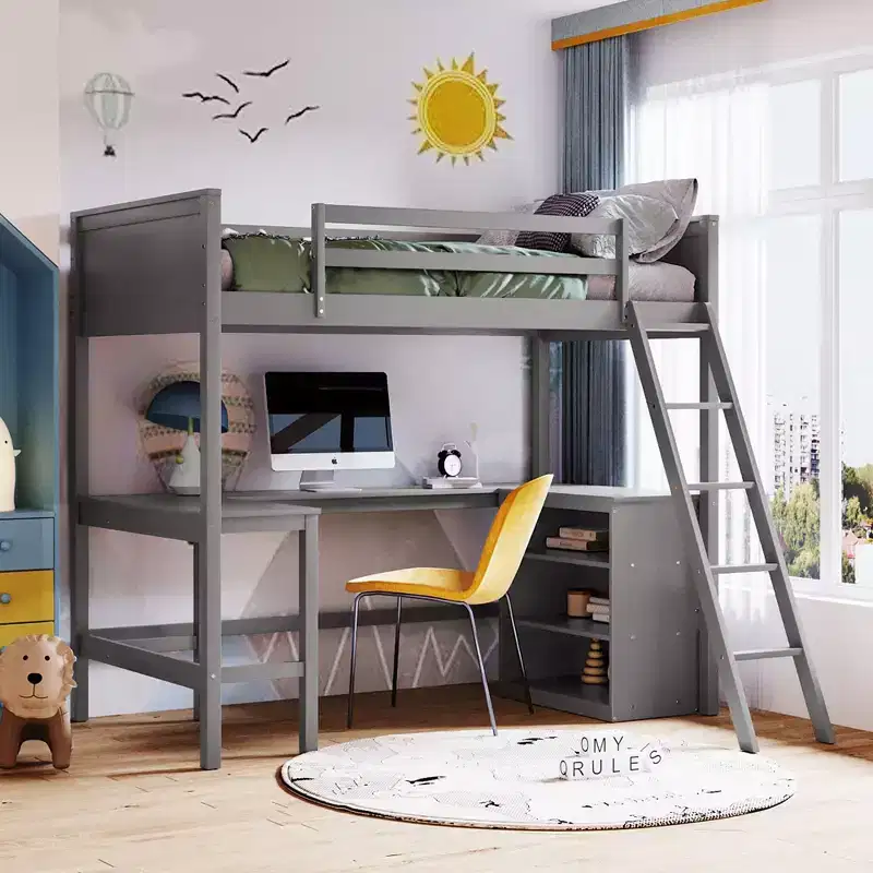 Bellemave Twin size Loft Bed with Shelves and Desk, Wooden Loft Bed with Desk - Gray