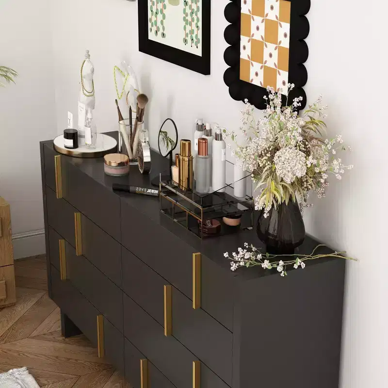 8-Drawer Horizontal Dresser, Black Finish with Gold Knobs