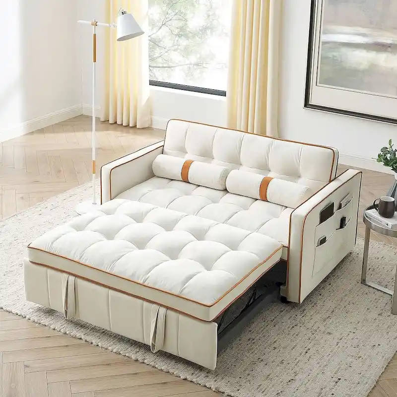 Velvet Multi-Functional Pull-Out Sofa Bed Adjustable Reclining Backrest With Pillows - N/A