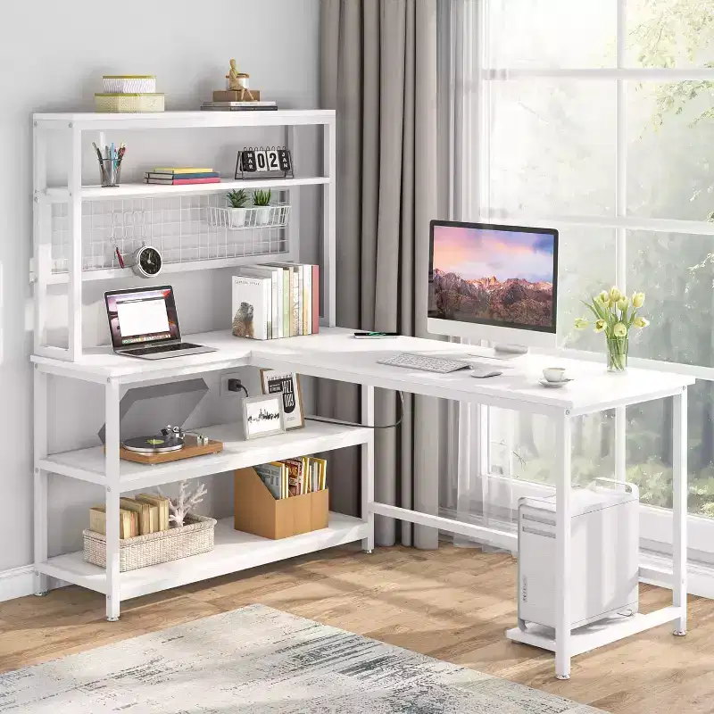 Brown/White L-Shaped Computer Desk with Hutch & Wireless Charging, 1-Person